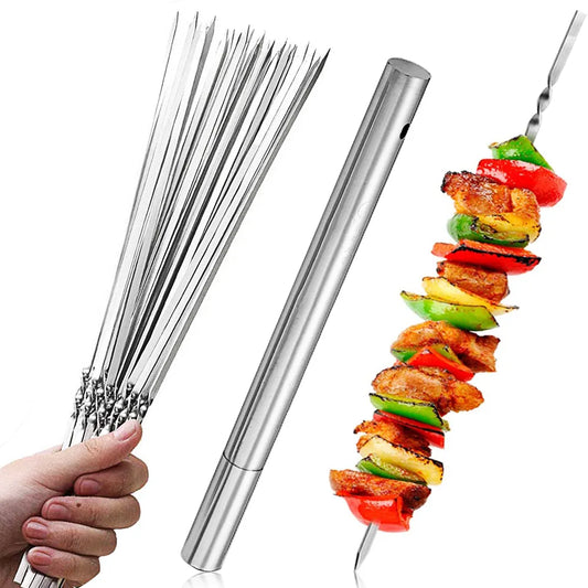 New 20PCS Stainless Steel Skewers+Storage Tube for Grilling Shish Kebab BBQ Camping Flat Forks Gadgets Kitchen Accessories Tools