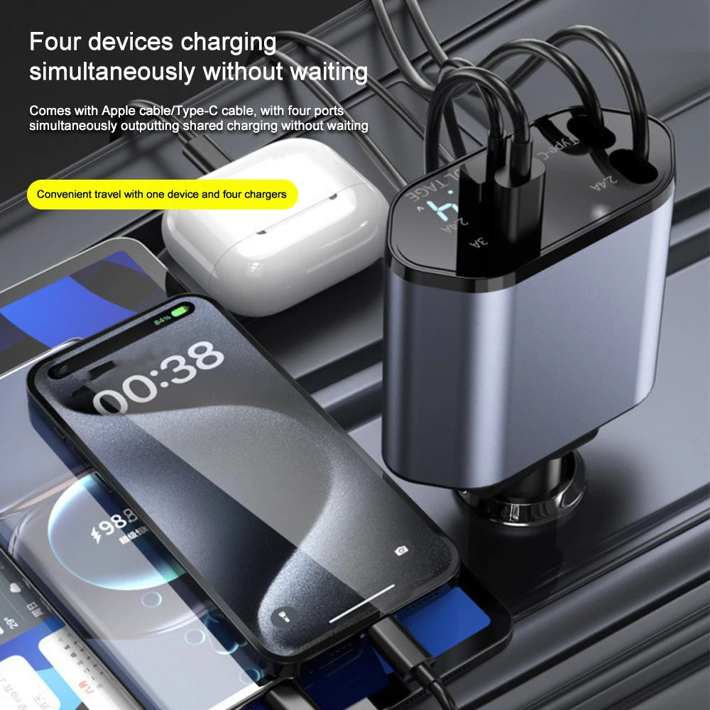 120W 4 IN 1 Retractable Car Charger USB C Cable For IPhone Huawei Samsung Fast Charge Cord Cigarette Lighter Adapter PD QC3.0