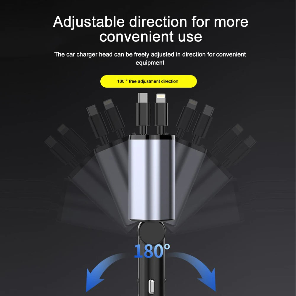 120W 4 IN 1 Retractable Car Charger USB C Cable For IPhone Huawei Samsung Fast Charge Cord Cigarette Lighter Adapter PD QC3.0